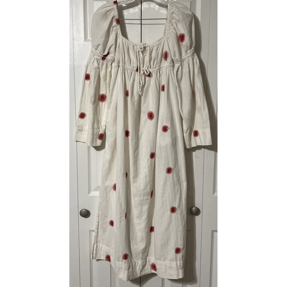 Free People Cotton-Linen Blend Emory Embroidered Red Sunburst Midi Dress SZ XS